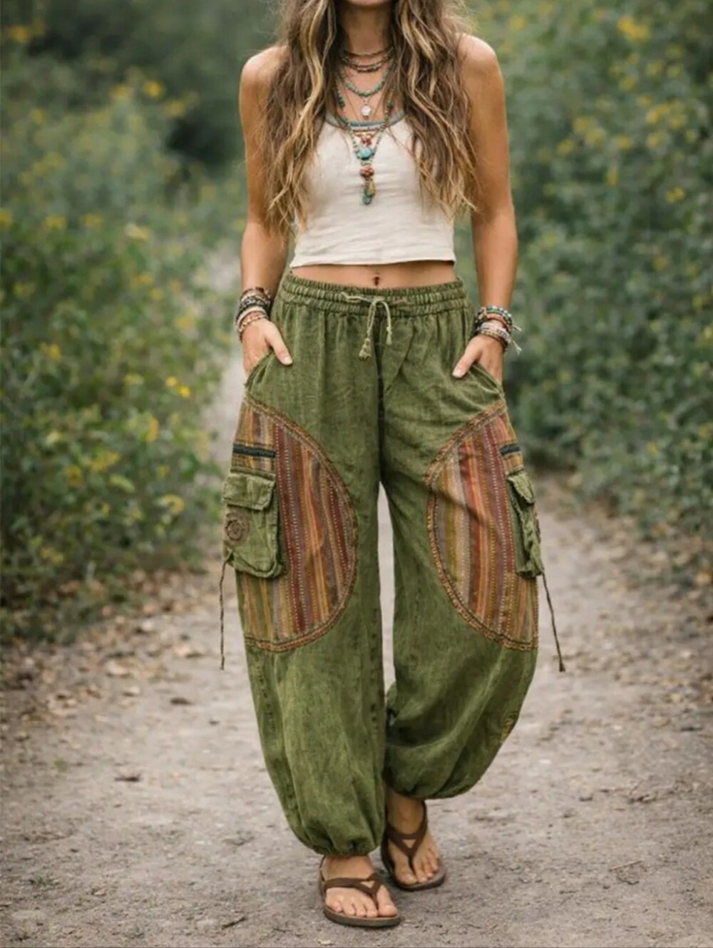 #1773 Panel Patched Boho Hippie Cotton Harem Pants (Green)
